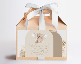 Teddy Bear Gender Reveal Gable Box Label Editable, Boho Neutral Gender Reveal Thank You Tag Sweets Table Favors Box Instant Template [46]