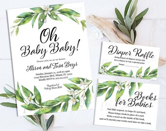 Twin Baby Shower Invitation, Gender Neutral Twins Baby Shower Invitation Printable, Twin Boys Girls Greenery Floral Baby Shower Bundle