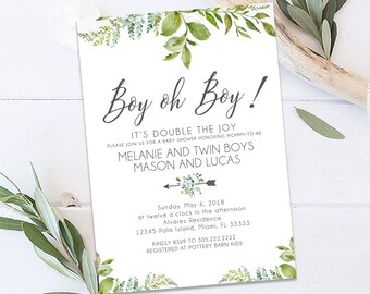Twin Baby Shower Invitation, Twin Boys Baby Shower Invitation, Twins Boy Whimsical Baby Shower Invitation, Greenery Baby Shower Invitation