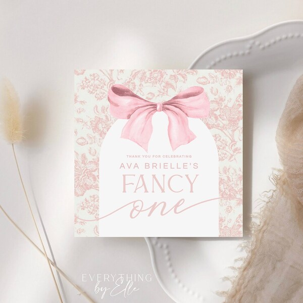 Love Shack Fancy ONE Birthday Favor Tag Label, Editable Victorian Pink Bow Baby Girl 1st Birthday, Toile Chinoiserie Gift Tag Printable AVA