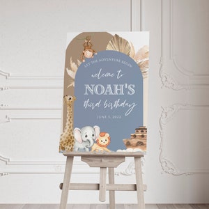 Noah's Ark Birthday Welcome Sign Editable, Safari Animals Birthday Printable Sign, Muted Boho Dusty Blue Noah's Ark Party Instant [Nh2]