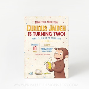 Curious George Birthday Invitation, Curious George Birthday Invitation, Boy Curious George Girl Pink Birthday Invitation