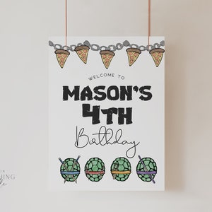 Turtles Birthday Welcome Sign, Boy 4th Birthday Printable Sign Editable, Cowabunga Dude Fourever Rad Birthday Party Template [JNN]