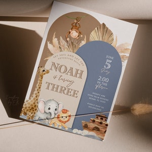 Noah's Ark Birthday Invitation Editable, Safari Animals Birthday Party Invite, Muted Boho Dusty Blue Noah's Ark Party Instant 1st 2nd [Nh2]