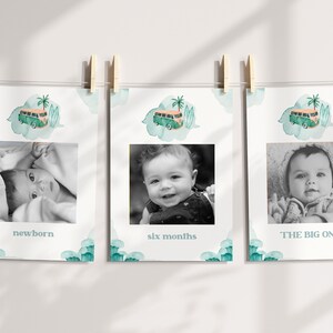 Surfing Monthly Photo Banner, Surf Milestone Banner, The Big ONE Birthday Milestone Cards Editable, Surfs Up 1st Birthday Party Decor [BO1]