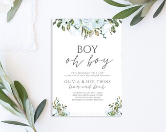 Twin Baby Shower Invitation, Twin Boys Baby Shower Invitation, Twins Boy Blue Baby Shower Invitation, Greenery Baby Shower Invitation