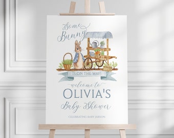 Peter Rabbit Baby Shower Welcome Sign Editable, Peter Rabbit Printable Sign, Blue Gingham Boy Easter Baby Shower Instant [PRC]