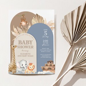 Noah's Ark Baby Shower Invitation Editable, Safari Animals Boy Baby Shower Invite, Muted Boho Dusty Blue Noah's Ark Instant  [Nh3]