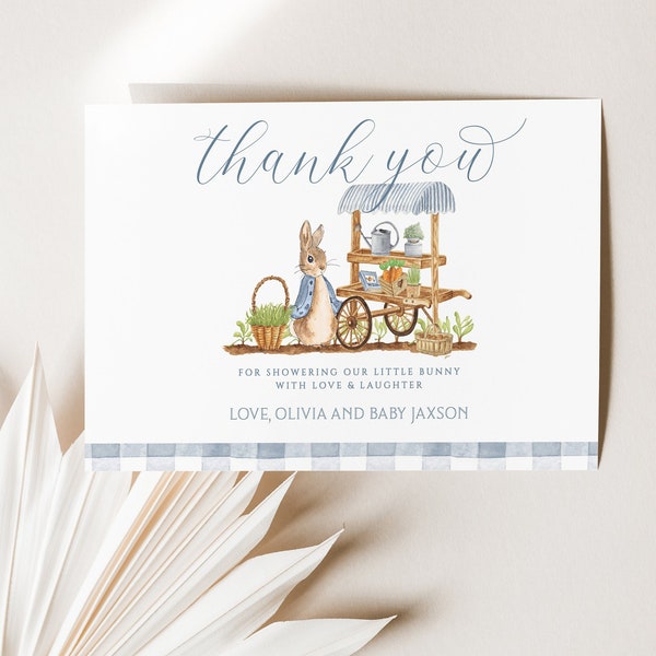 Peter Rabbit Baby Shower Thank You Card Editable, Peter Rabbit Blue Gingham Boy Easter Baby Shower Instant, Classic Peter Rabbit [PRC]