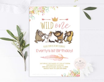 Where The Wild Things Are Birthday Invitation Girl, Floral Where The Wild Things Are Invitation, Wild One Girl Invitation Pink Floral Print