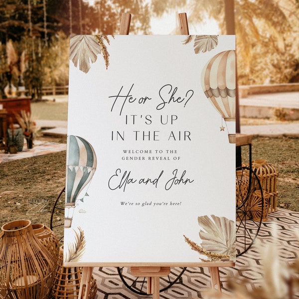 Hot Air Balloon Gender Reveal Welcome Sign Editable, Boho Gender Reveal Sign, Up In the Air Gender Reveal Invite Printable Instant [JCB]