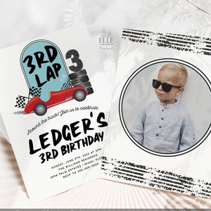 3rd Lap Around the Track Birthday Invitation, Editable Retro Race Car 3rd Invite, Vintage Blue Red Car Boys Birthday Photo Instant [TLT]