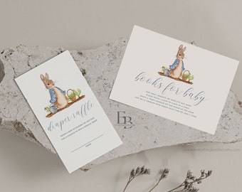 Peter Rabbit Baby Shower Card Set Editable, Peter Rabbit Book Card Diaper Raffle, Blue Gingham Boy Easter Baby Shower Instant [PRC]