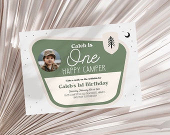 One Happy Camper Birthday Invitation With Photo, Boy First Birthday National Park, Editable Template Printable Instant Digital [OHC]