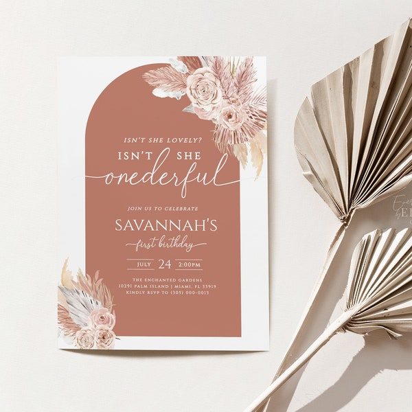 Isn't She Lovely Isn't She ONEderful Invitation, Rust Pampas Grass Birthday Invitation Editable, Girls Boho 1st Birthday Invite Pink Arch