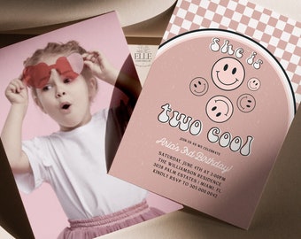 Pink Smiley Face 2nd Birthday Invitation Editable, Checkered Retro TWO Cool Birthday Party Invite Girls, Emoji Printable Decor [VTG]