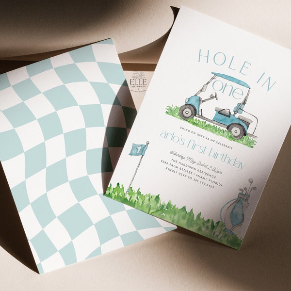 Golf First Birthday Invitation Editable, Hole in ONE invite, Blue Boy Golf Invite, Let's Partee 1st Birthday Party Decor Instant [GLP]