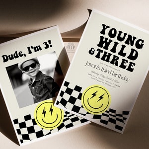 Young Wild and Three Invitation, Retro Boys 3rd Birthday Invitation Editable, Yellow Smiley Invite with Photo, Cool Checkered Party [AO1]