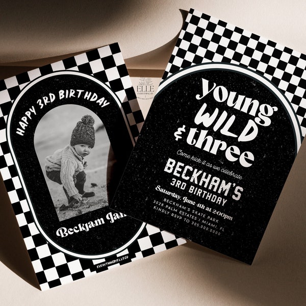 Young Wild Three Birthday Invitation Editable, Retro Boy Birthday Invite with Photo, Black White Checkered 3rd Birthday Party Invite [YWR]