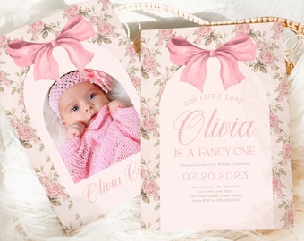 Love Shack Fancy ONE Birthday Invitation, Editable Vintage Pink Bow Baby Girl 1st Birthday, Rose Floral Shabby Chic Invite [182]