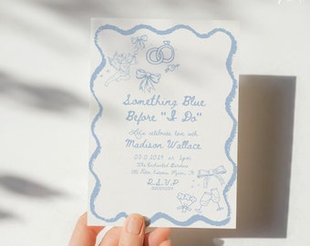 Something Blue Invitation Editable, Editable Hand Drawn Wavy Blue Bridal Shower, Trendy Something Blue Before I Do Invite Template SBW