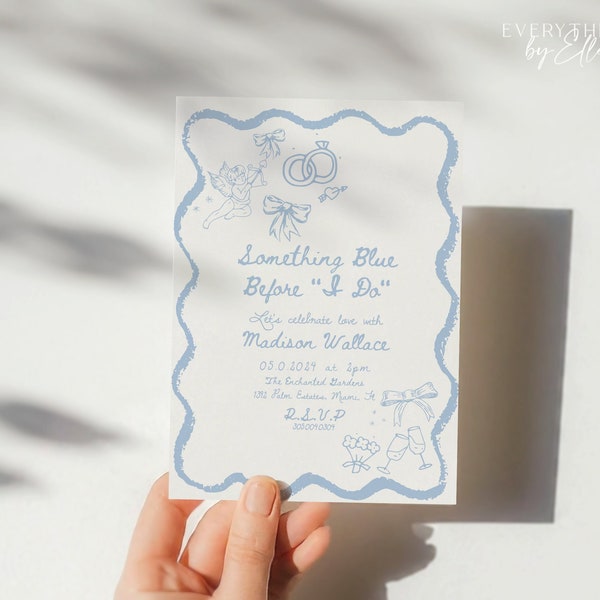 Something Blue Invitation Editable, Editable Hand Drawn Wavy Blue Bridal Shower, Trendy Something Blue Before I Do Invite Template SBW