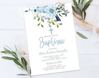 Baptism Invitation Boy, Our Blessing Boy Baptism Greenery Invitation, Blue Floral Cross Baptism Christening Invitation Printable