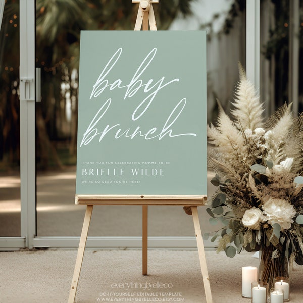 Sage Green Baby Brunch Welcome Sign Editable, Modern Minimalist Baby Shower Sign Printable, Gender Neutral Template Instant [SGBB]