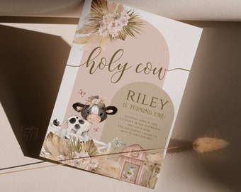 Holy Cow Birthday Invitation Instant, Editable Floral Cow Birthday Invite, Boho Pampas Barnyard Farm Party Printables Decorations [HC1]