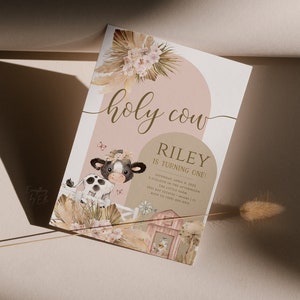 Holy Cow Birthday Invitation Instant, Editable Floral Cow Birthday Invite, Boho Pampas Barnyard Farm Party Printables Decorations [HC1]