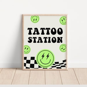 Green Smiley Face Tattoo Station Sign, One Happy Dude Birthday Tabletop Sign, Retro Boys 1st Birthday, Checkered Cool Party Decor [OHG]