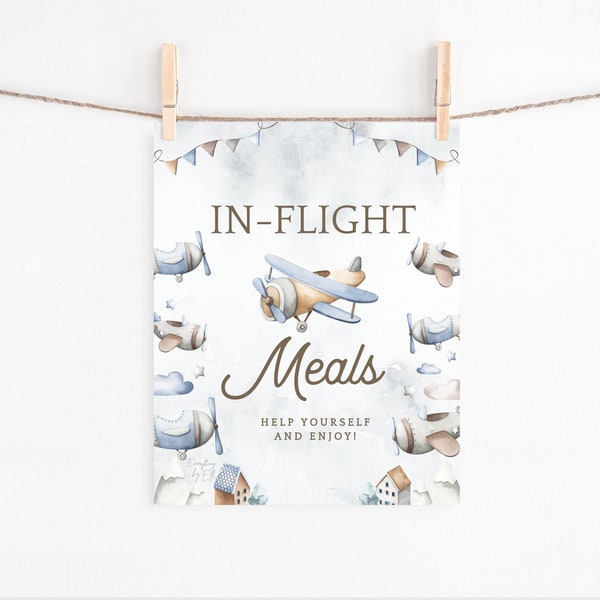 Airplane In Flight Meals Sign Instant Download, Airplane Birthday Signs Printable, Boys Airplane Baby Shower Food Table Sign [655]