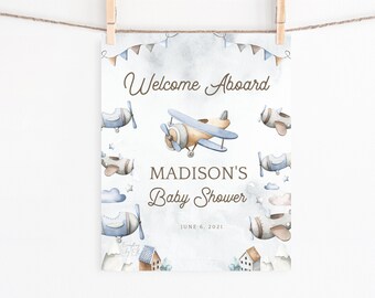 Invite Banner welcome Sign Toppers Thank you card Wishes for Baby card. Vintage AIRPLANE BABY SHOWER Package Airplane Baby Shower Pack