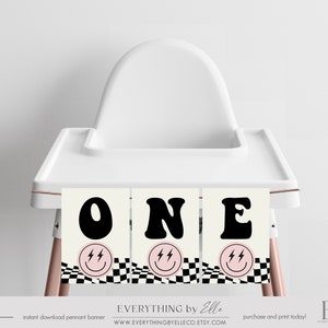 ONE Happy Babe Pennant Banner, Pink Smiley Birthday ONE High Chair Banner, Retro Cool Girl Checkered First Birthday Decor Instant [HBP]