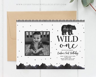 Wild One Birthday Invitation, Bear Birthday Invitation, Boy First Birthday Invitation, Modern Bear Birthday Invitation Birthday Printable