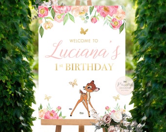 Panneau imprimable d’anniversaire Bambi, invitation d’anniversaire imprimable Floral Bambi 16x20 et panneau de bienvenue, décorations de fête Bambi