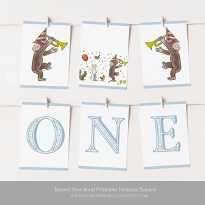 Curious George 1st Birthday Pennant Banner, Blue Vintage Curious George ONE High Chair Printable Garland Banner [BCG1]