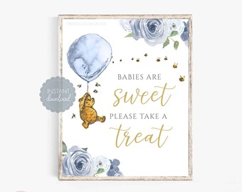 Winnie the Pooh Printable Sign, Winnie the Pooh Baby Shower Birthday Invitation Table Sign, Boy Blue Pooh Printable Instant Download [615]