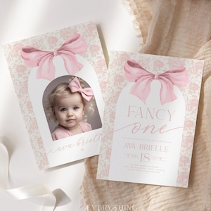 Love Shack Fancy ONE Birthday Invitation, Editable Victorian Pink Bow Baby Girl 1st Birthday, Toile Chinoiserie Shabby Chic Invite AVA