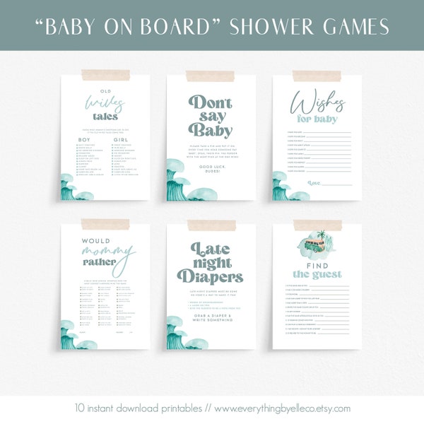 Baby on Board Baby Shower Games, Surf Baby Shower Games, Surfboard Vintage Van Beach Baby Shower Instant Party Decor Surfing [BOB]