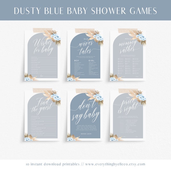 Blue Pampas Grass Baby Shower Games Instant Printable, Boy Dusty Blue Baby Shower Printable Games, Boho Blue Baby Shower Bundle [56]