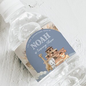 Noah's Ark Water Bottle Label Editable, Safari Animals Birthday Printable Favors, Muted Boho Dusty Blue Noah's Ark Party Instant [Nh2]