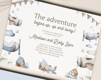 Airplane Baby Shower Invitation Editable, Modern Airplane Boy Shower Invite Up Up and Away Adventure Shower Edit Yourself Template [655]