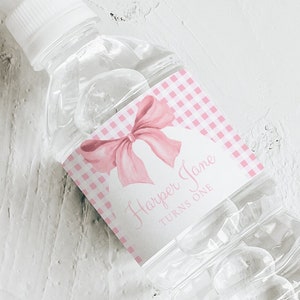 Pink Bow Gingham Birthday Water Bottle Label, Editable Pink Bow Baby Girl 1st Birthday Thank You Favors Template [PB1]