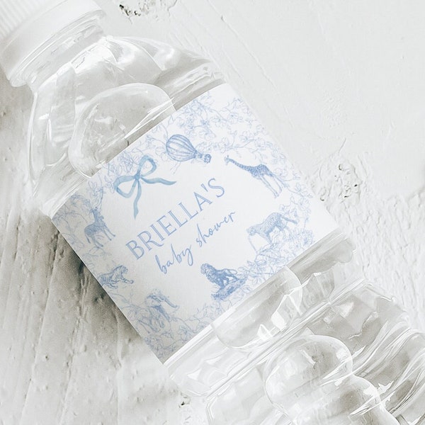 Safari Toile Baby Shower Water Bottle Label, Editable Blue Boy Baby Shower, Elegant Safari Animals Printable Template [STB]