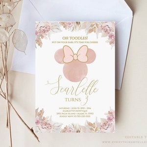 Boho Minnie Mouse 3rd Birthday Invitation Editable, Bohemian Minnie Birthday, Floral Minnie Blush Pink Gold Invitation Instant Download [BM]