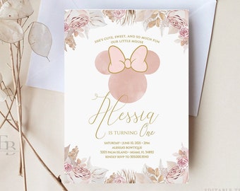 Boho Minnie Mouse 1st Birthday Invitation Editable, Bohemian Minnie Birthday Invite, Floral Minnie Blush Pink Gold Template Instant [BM]