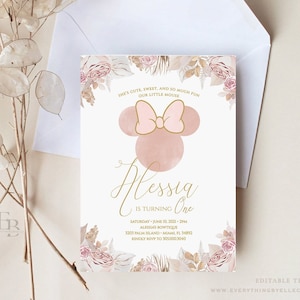 Boho Minnie Mouse 1st Birthday Invitation Editable, Bohemian Minnie Birthday Invite, Floral Minnie Blush Pink Gold Template Instant [BM]