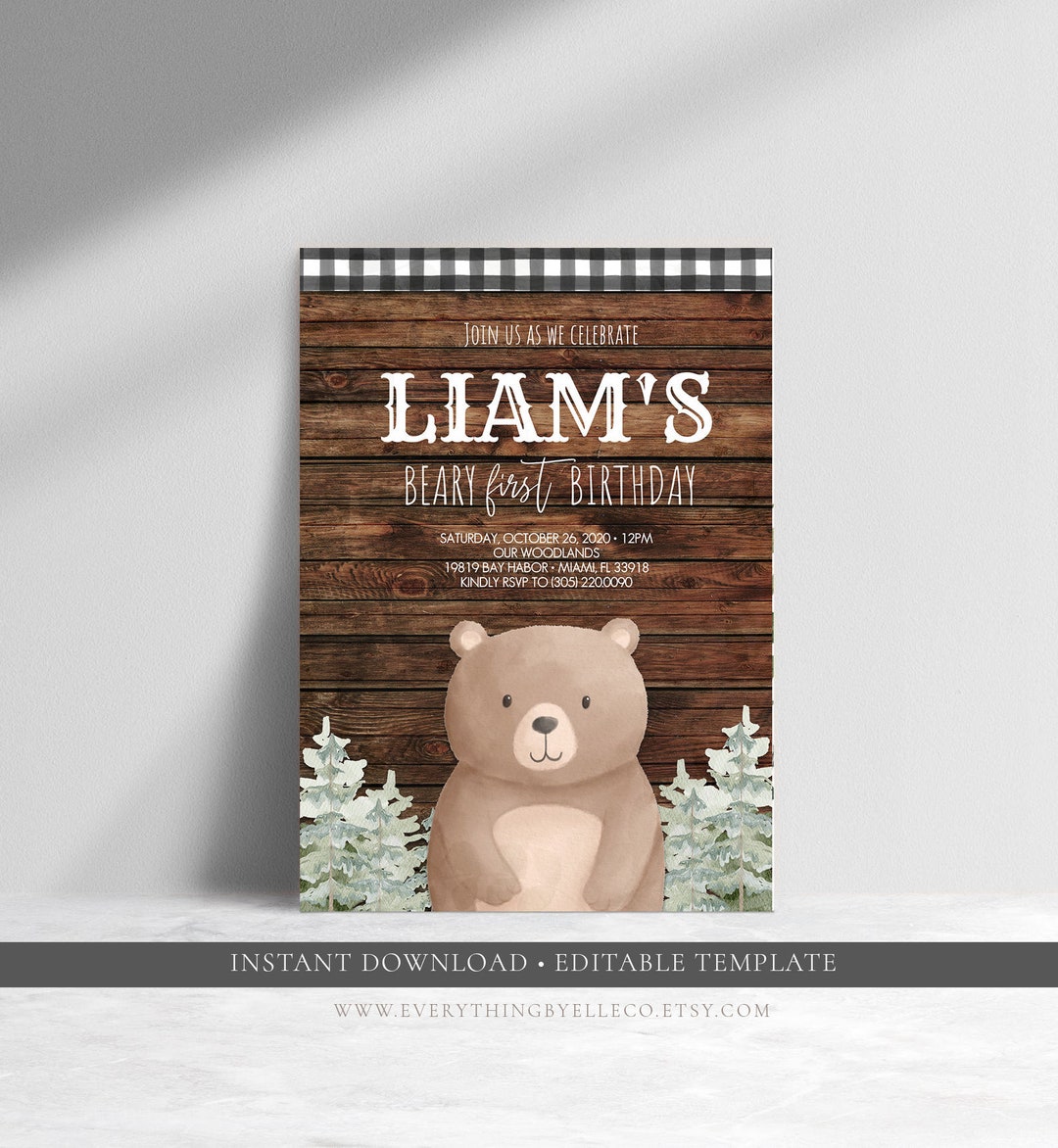 Bear Birthday Invitation, Bear 1st Birthday Birthday Invitation, Beary ...