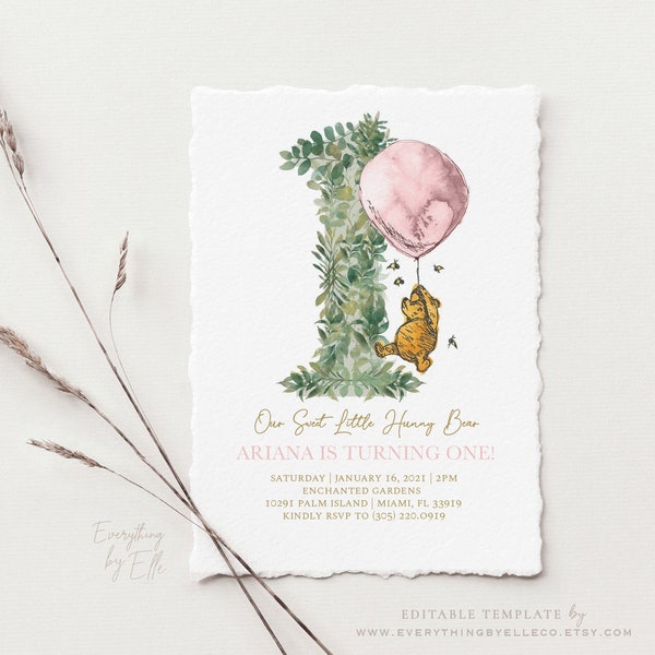 Classic Winnie the Pooh Birthday Invitation, Floral Editable Pooh Birthday Invitation, Girl Pink Winnie the Pooh Invitation Printable [72]